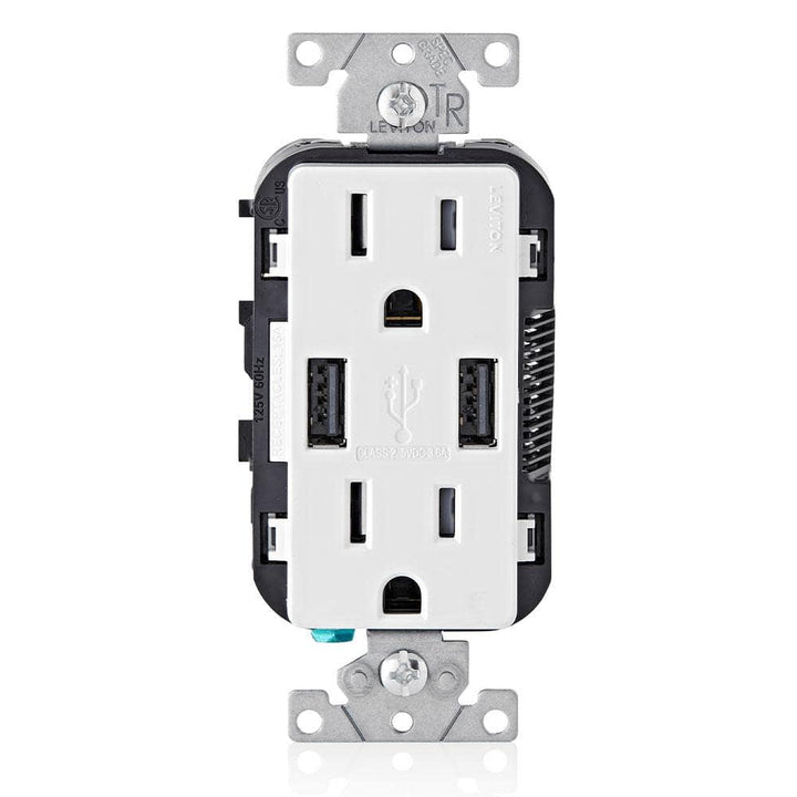 Leviton 3.6A USB Dual Type A In‑Wall Charger with 15 Amp Tamper‑Resistant Outlets, White