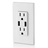 Leviton 3.6A USB Dual Type A In‑Wall Charger with 15 Amp Tamper‑Resistant Outlets, White