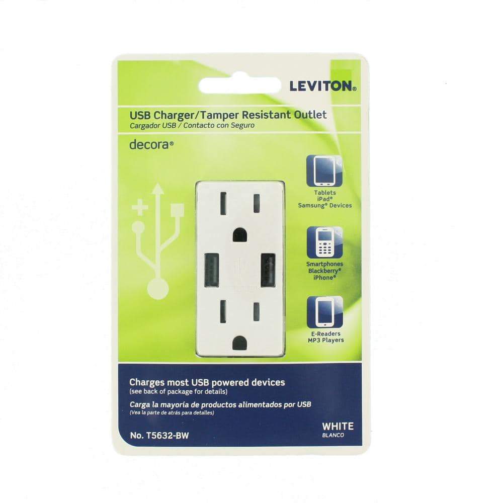 Leviton 3.6A USB Dual Type A In‑Wall Charger with 15 Amp Tamper‑Resistant Outlets, White