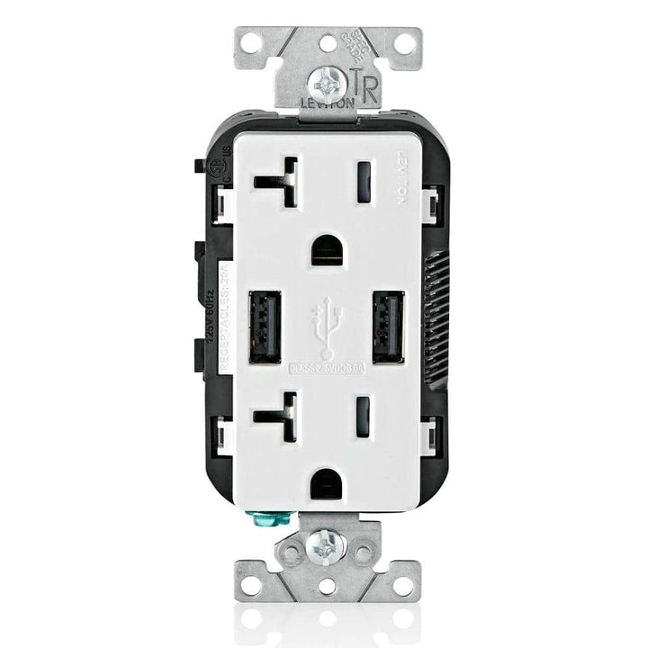Leviton Decora 20 Amp 125-Volt Combination Duplex Outlet with Dual USB-A Charger, White