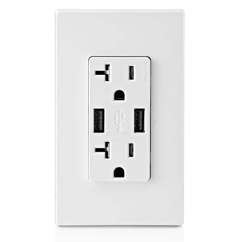 Leviton Decora 20 Amp 125-Volt Combination Duplex Outlet with Dual USB-A Charger, White