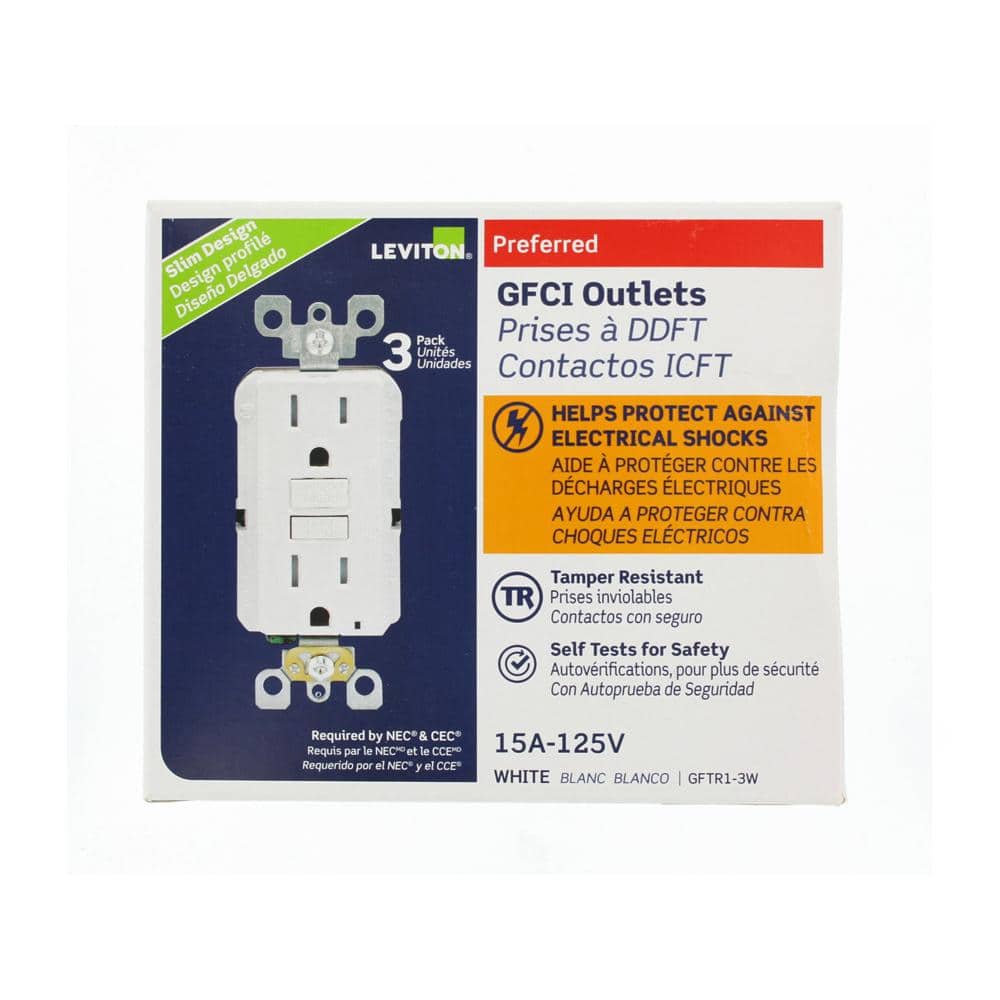 Leviton 15 Amp Self-Test SmartlockPro Slim Tamper-Resistant GFCI Duplex Outlet, White (3-Pack)