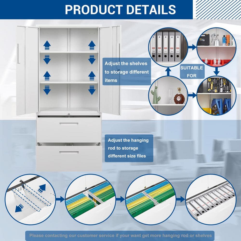 LISSIMO 31.50 in. W x 70.87 in. H x 15.75 in. D 2 Adjustable Shelves Steel Freestanding Cabinet with 2 Drawers and Lock in White