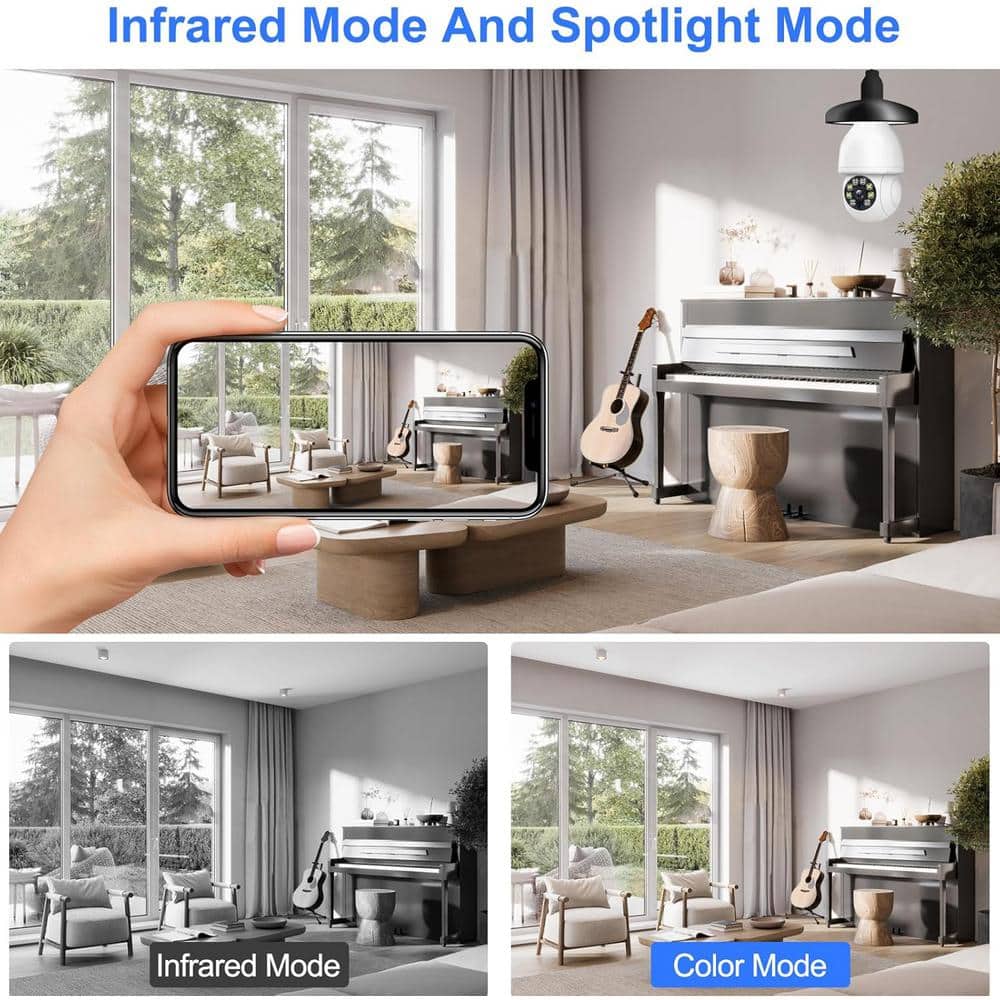 Lukyamzn Wireless Indoor Plug-in WiFi Security Camera with Color Night Vision 2-Way Audio 5G Light Bulb Security Camera, White