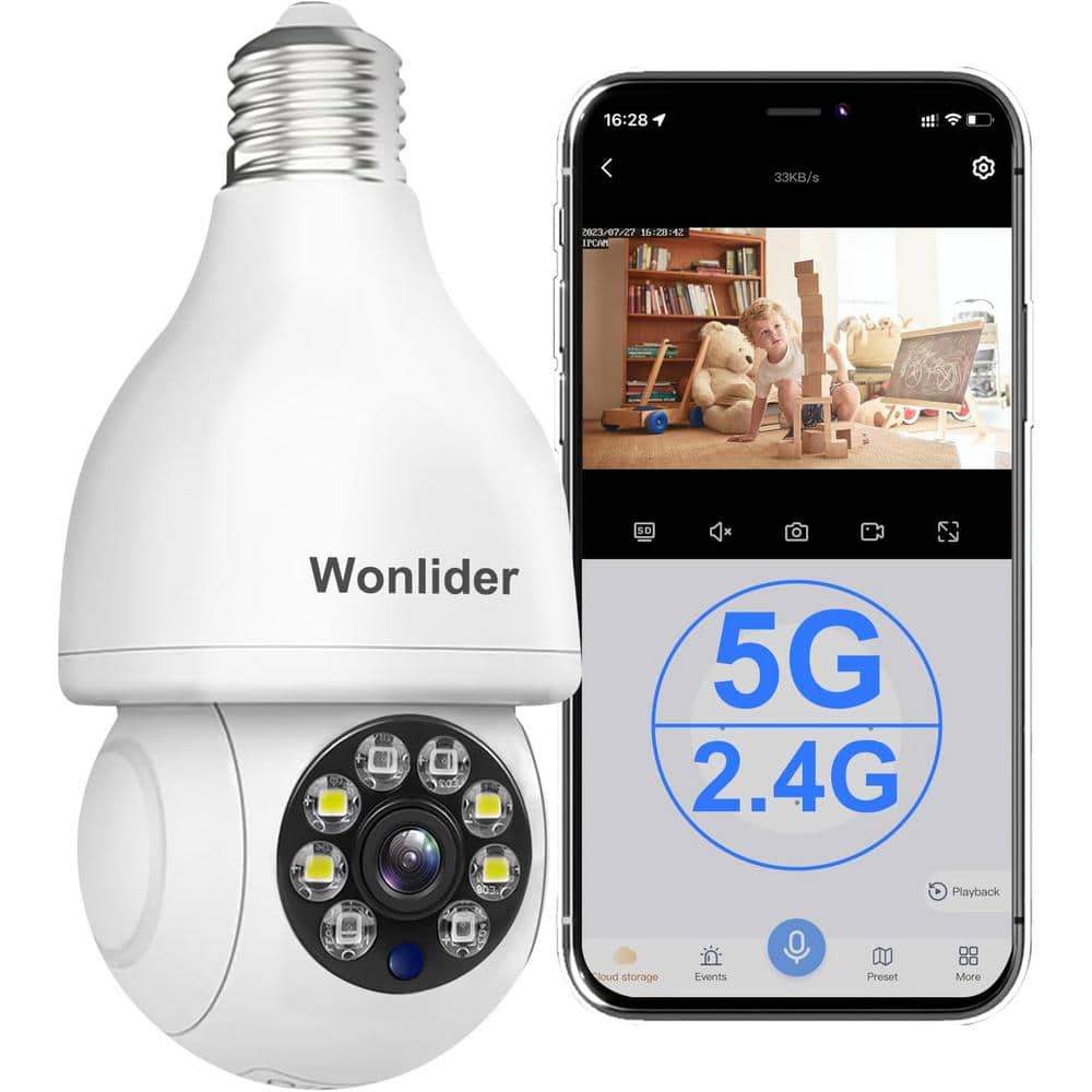 Lukyamzn Wireless Indoor Plug-in WiFi Security Camera with Color Night Vision 2-Way Audio 5G Light Bulb Security Camera, White