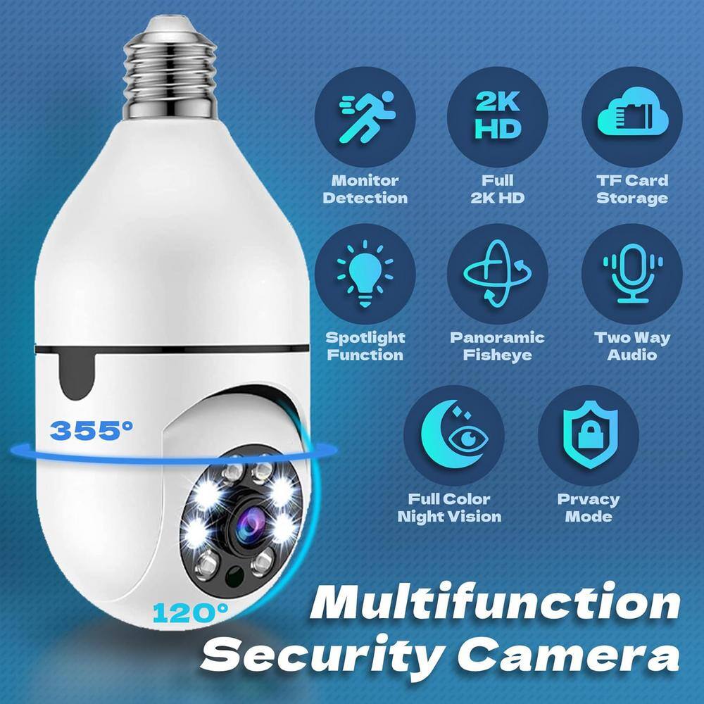 Lukyamzn Wireless Indoor Plug-in WiFi Security Camera with Color Night Vision 2-Way Audio 2.45-5G Siren Alert E27 Socket, White