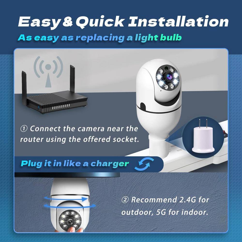 Lukyamzn Wireless Indoor Plug-in WiFi Security Camera with Color Night Vision 2-Way Audio 2.45-5G Siren Alert E27 Socket, White