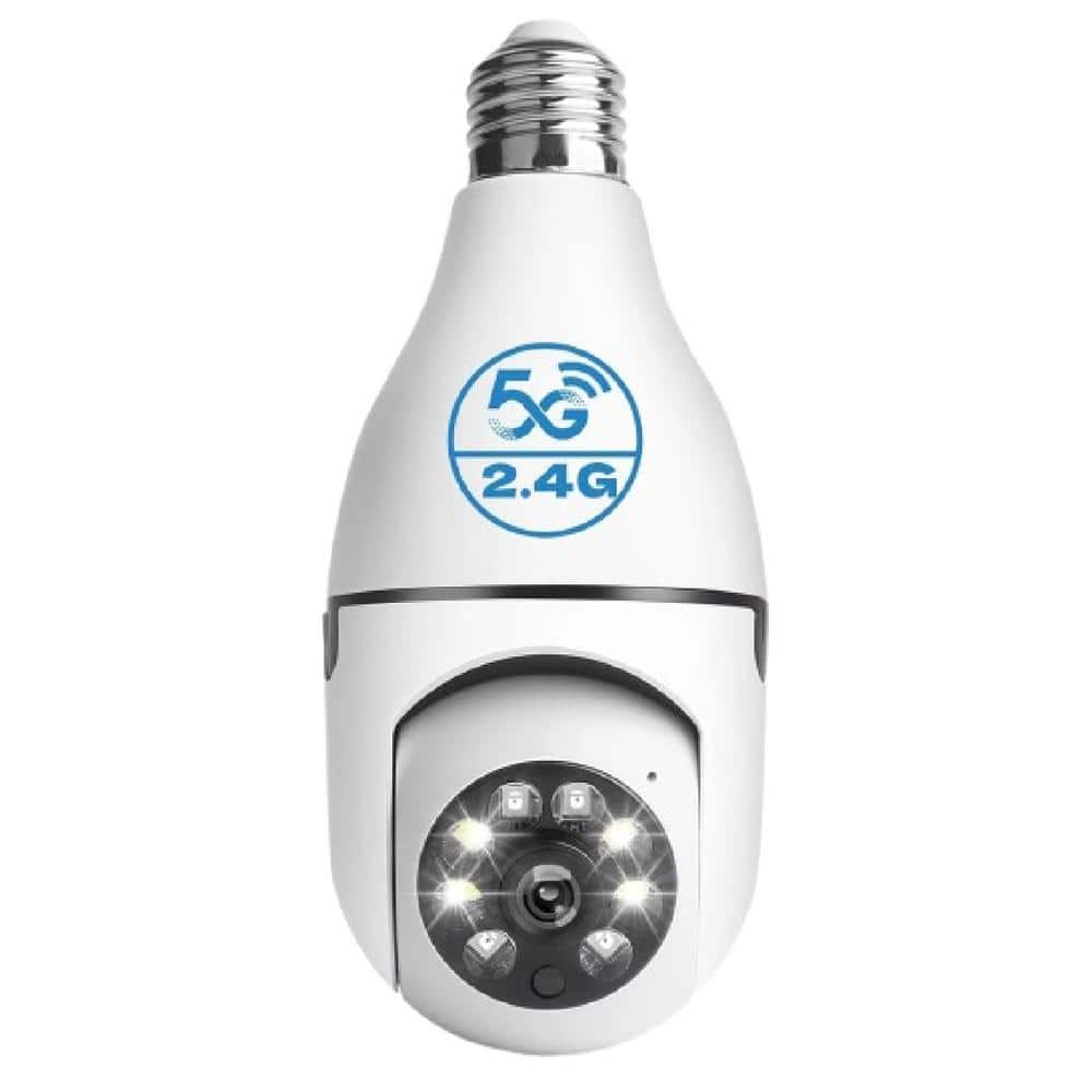 Lukyamzn Wireless Indoor Plug-in WiFi Security Camera with Color Night Vision 2-Way Audio 2.45-5G Siren Alert E27 Socket, White