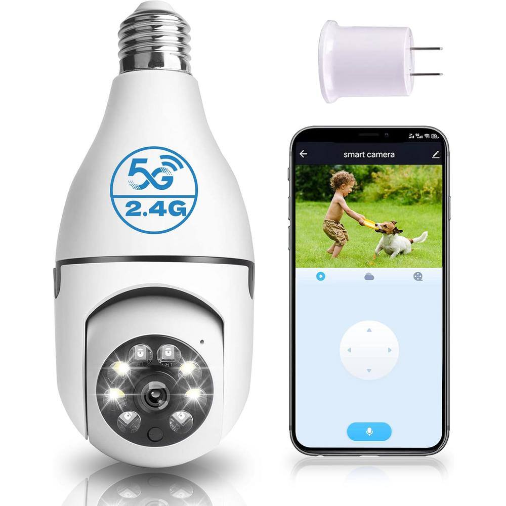 Lukyamzn Wireless Indoor Plug-in WiFi Security Camera with Color Night Vision 2-Way Audio 2.45-5G Siren Alert E27 Socket, White