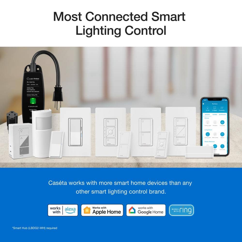 Lutron Caseta Smart Dimmer Switch 3-Way Kit with Remote, 150 Watt LED Bulbs/2 Points of Control, White (P-DIM-3WAY-WH)
