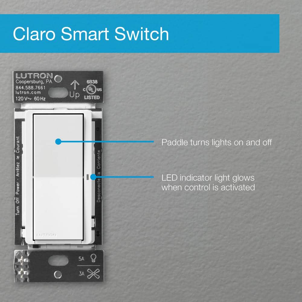 Lutron Claro Smart Switch for Caseta, On/Off Control of Lights/Fans, 5-Amp/Neutral Wire Required, White (DVRF-5NS-WH-R)