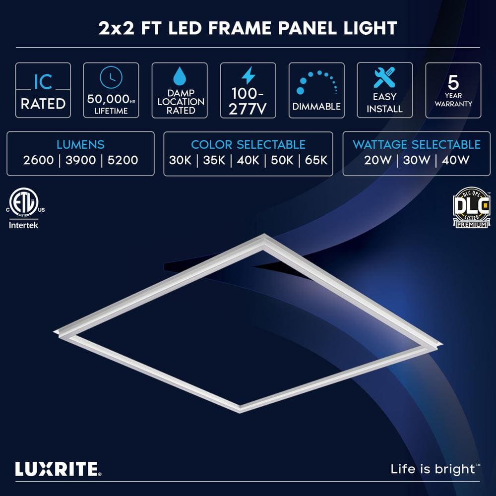 LUXRITE 2 ft. x 2 ft. Frame LED Panel Lights, 5CCT, 2600/3900/5200 Lumens, 20-Watt/30-Watt/40-Watt, Dimmable, Damp Rated, ETL