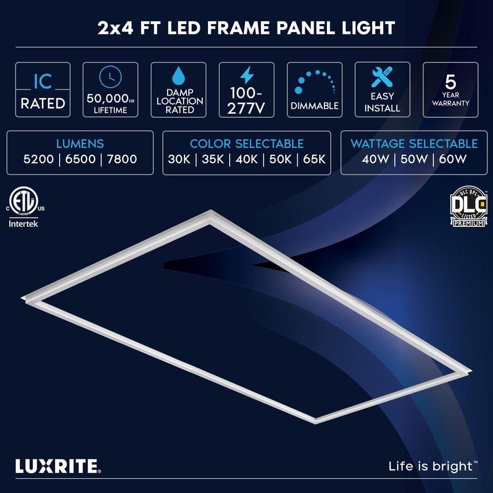 LUXRITE 2 ft. x 4 ft. Frame LED Panel Lights, 5CCT, 5200/6500/7800 Lumens, 40W/50W/60 Watt, Dimmable, Damp Rated, ETL 4 Pack