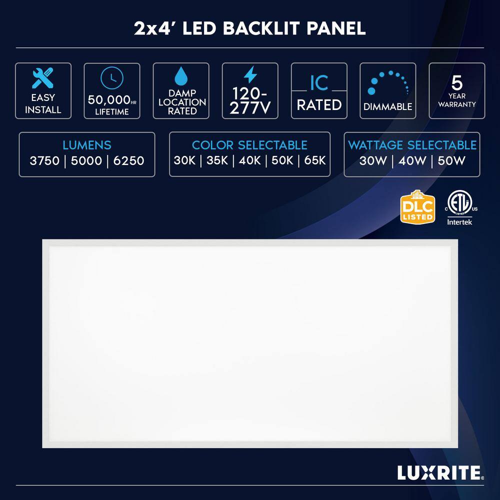 LUXRITE 2 x 4 ft. Integrated LED Flat Panel Light 5CCT 3000K - 6500K, 30 /40 /50W, 6250 Lumens, 0-10-Votls Dimmable ETL 4-Pack