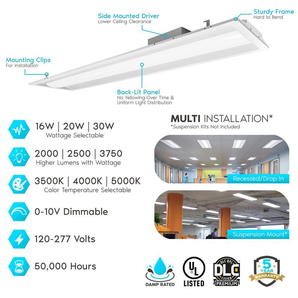 LUXRITE 1 ft. x 4 ft. Center Basket LED Troffer Panel Light 2000/2500/3750 Lumens 3500K/4000K/5000K Dimmable Damp Rated (2-Pack)