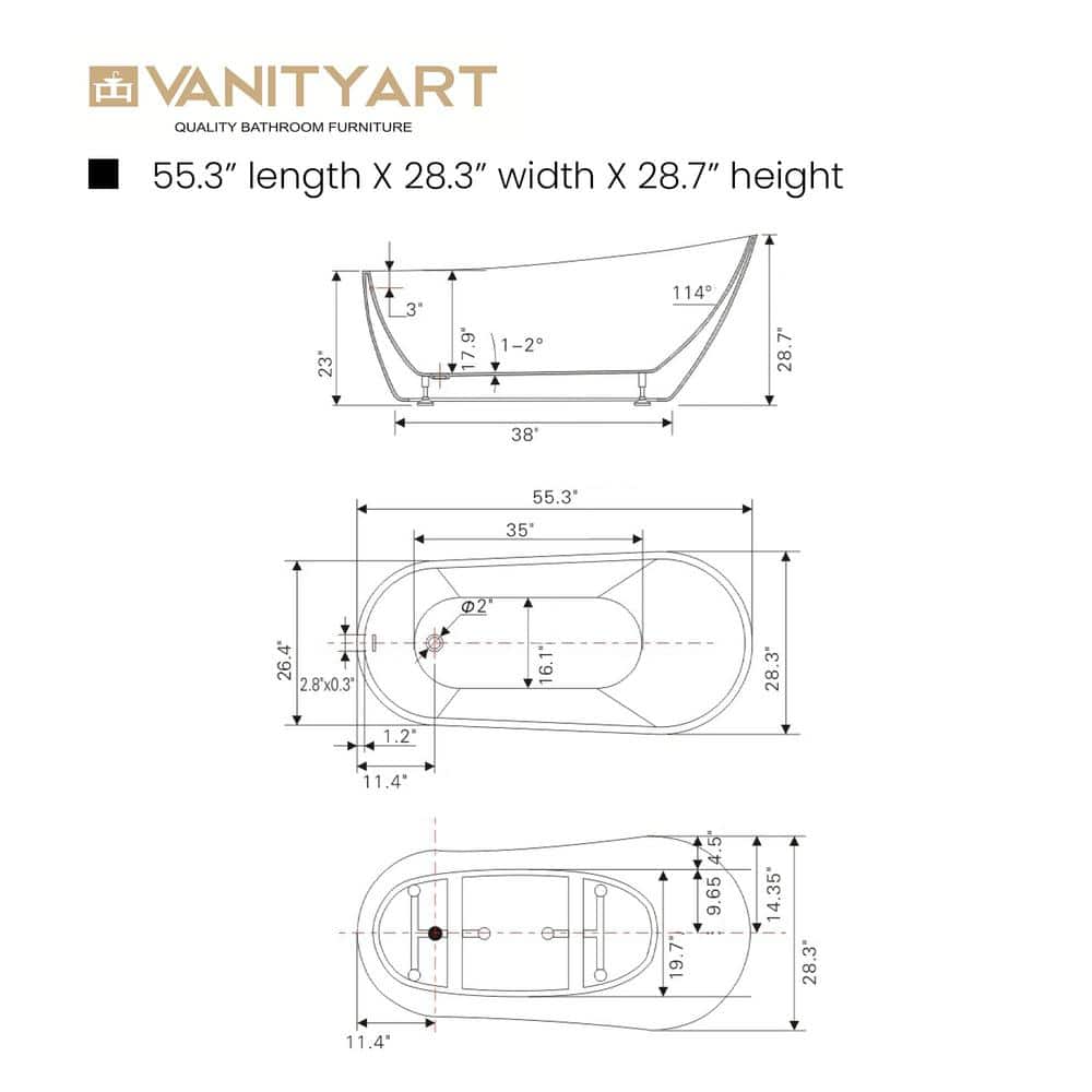 Vanity Art Bourges 55 in. Acrylic Flatbottom Soaking Bathtub in White/Matte Black