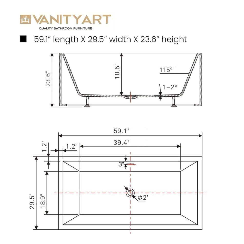 Vanity Art Talence 59 in. Acrylic Flatbottom Freestanding Bathtub in White/Matte Black