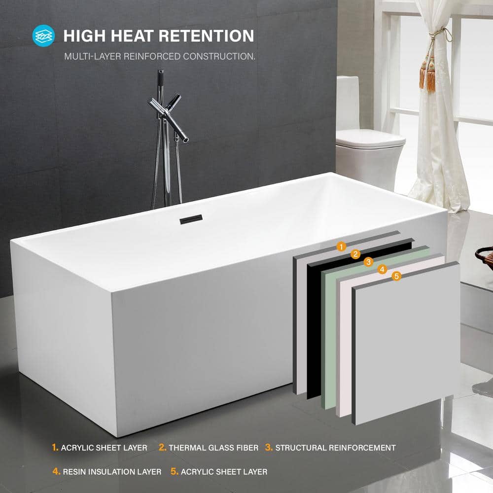 Vanity Art Talence 59 in. Acrylic Flatbottom Freestanding Bathtub in White/Matte Black