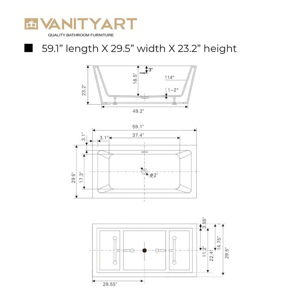 Vanity Art Tarbes 59 in. Acrylic Flatbottom Freestanding Bathtub in White/Matte Black