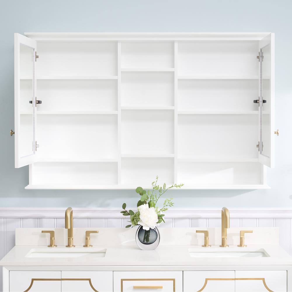 WELLFOR 55 in. W x 35 in. H Rectangular White Wood Surface Mount Medicine Cabinet with Mirror and Shelves, 2-Soft Close Doors