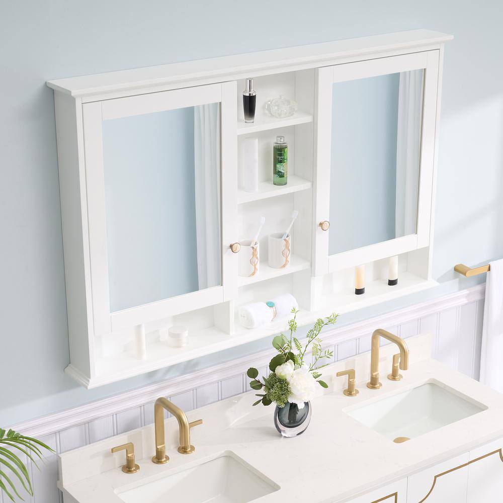 WELLFOR 55 in. W x 35 in. H Rectangular White Wood Surface Mount Medicine Cabinet with Mirror and Shelves, 2-Soft Close Doors