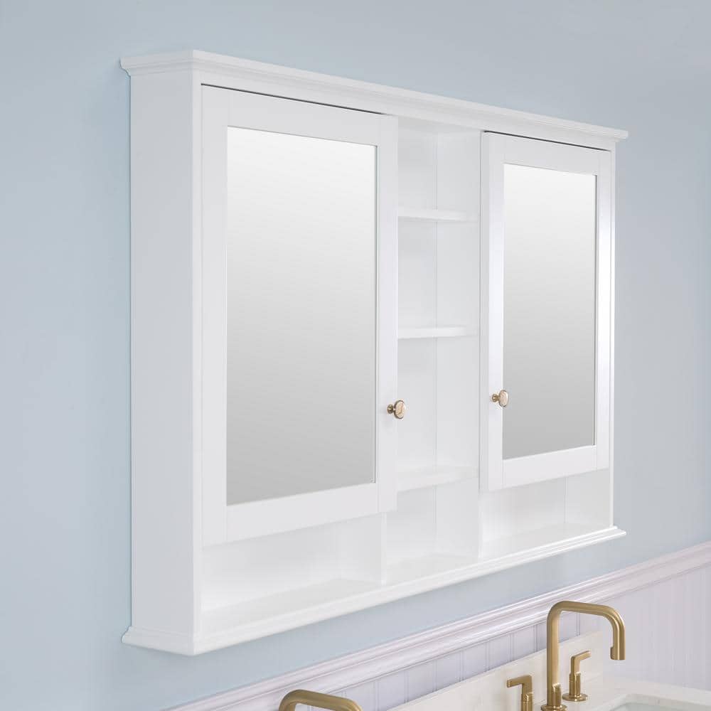 WELLFOR 55 in. W x 35 in. H Rectangular White Wood Surface Mount Medicine Cabinet with Mirror and Shelves, 2-Soft Close Doors