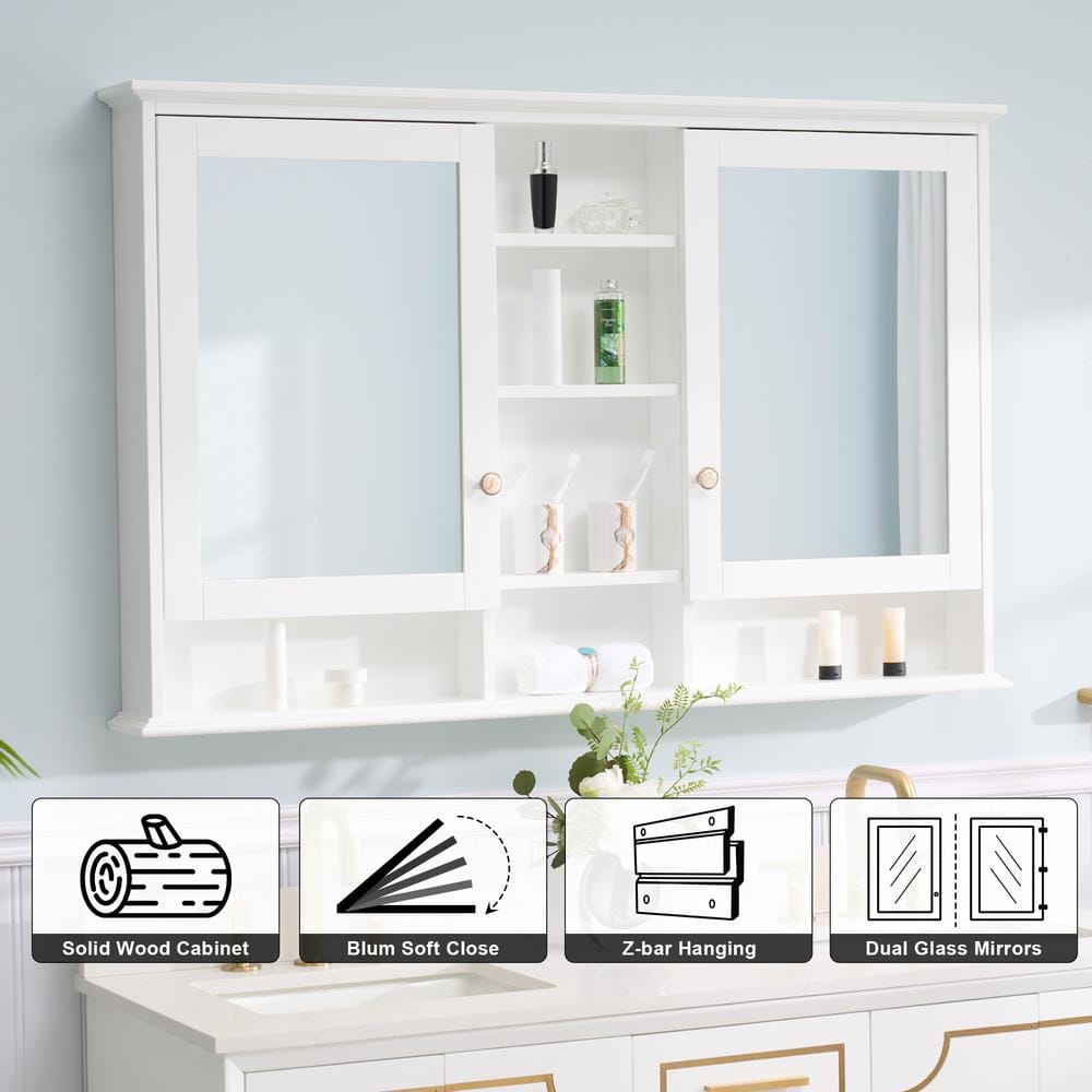 WELLFOR 55 in. W x 35 in. H Rectangular White Wood Surface Mount Medicine Cabinet with Mirror and Shelves, 2-Soft Close Doors