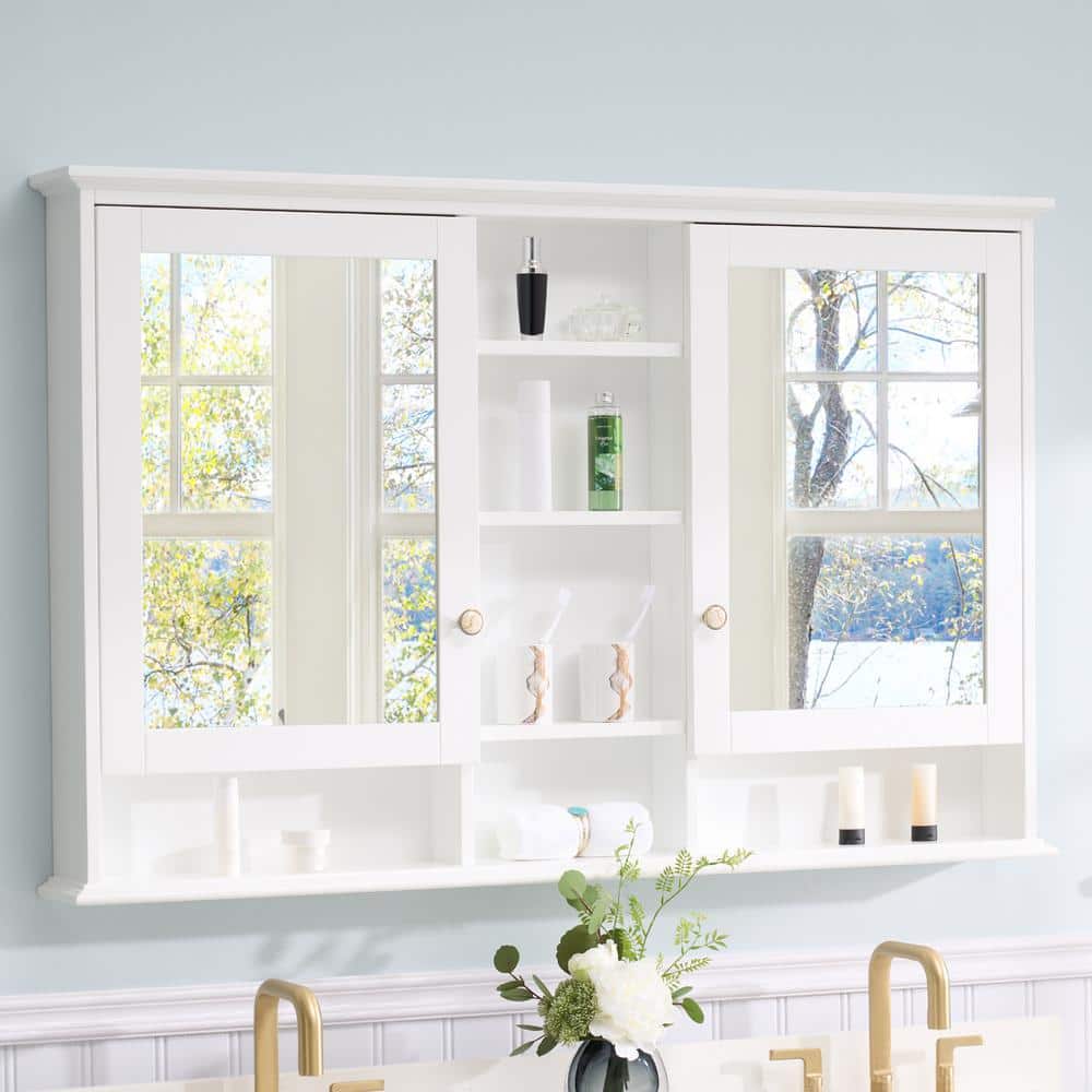 WELLFOR 55 in. W x 35 in. H Rectangular White Wood Surface Mount Medicine Cabinet with Mirror and Shelves, 2-Soft Close Doors