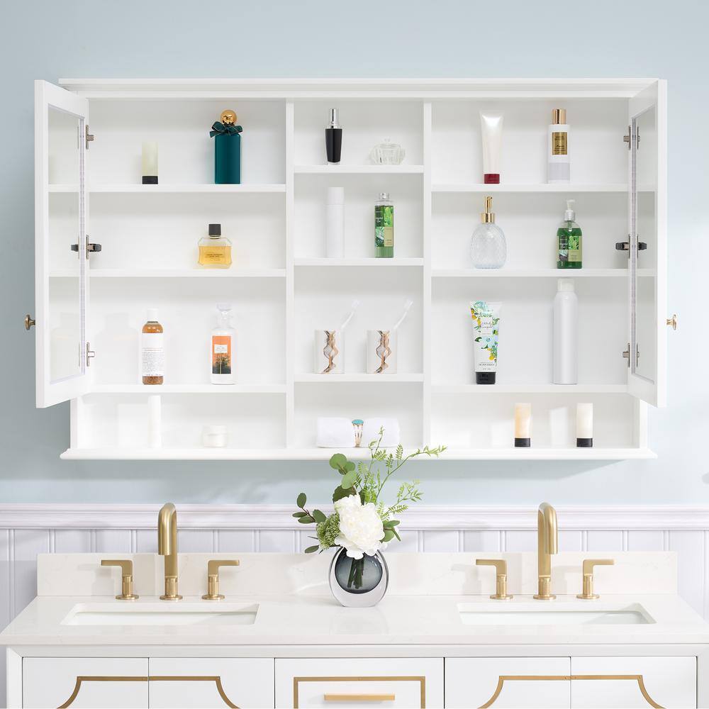 WELLFOR 55 in. W x 35 in. H Rectangular White Wood Surface Mount Medicine Cabinet with Mirror and Shelves, 2-Soft Close Doors