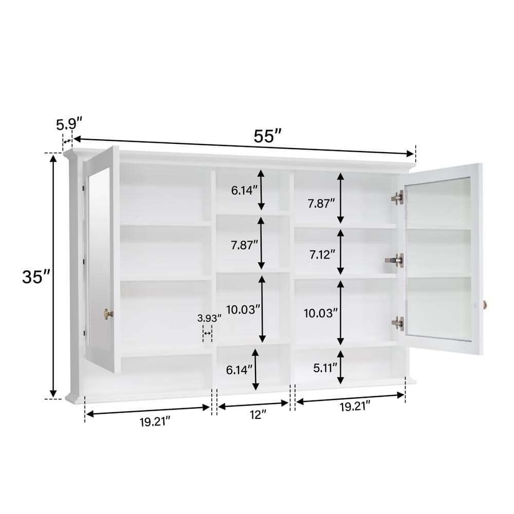 WELLFOR 55 in. W x 35 in. H Rectangular White Wood Surface Mount Medicine Cabinet with Mirror and Shelves, 2-Soft Close Doors