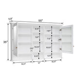 WELLFOR 55 in. W x 35 in. H Rectangular White Wood Surface Mount Medicine Cabinet with Mirror and Shelves, 2-Soft Close Doors