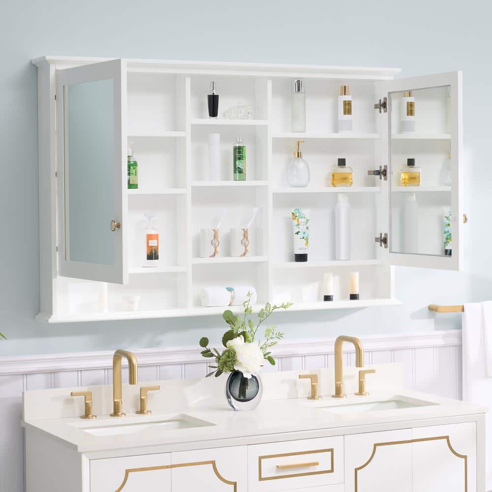WELLFOR 55 in. W x 35 in. H Rectangular White Wood Surface Mount Medicine Cabinet with Mirror and Shelves, 2-Soft Close Doors