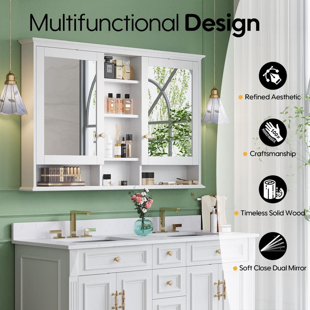 ANGELES HOME 55 in. W x 35 in. H Rectangular Solid Wood Bathroom Medicine Cabinet with Mirror, 2 Soft-Closed Doors, Easy Hang, White