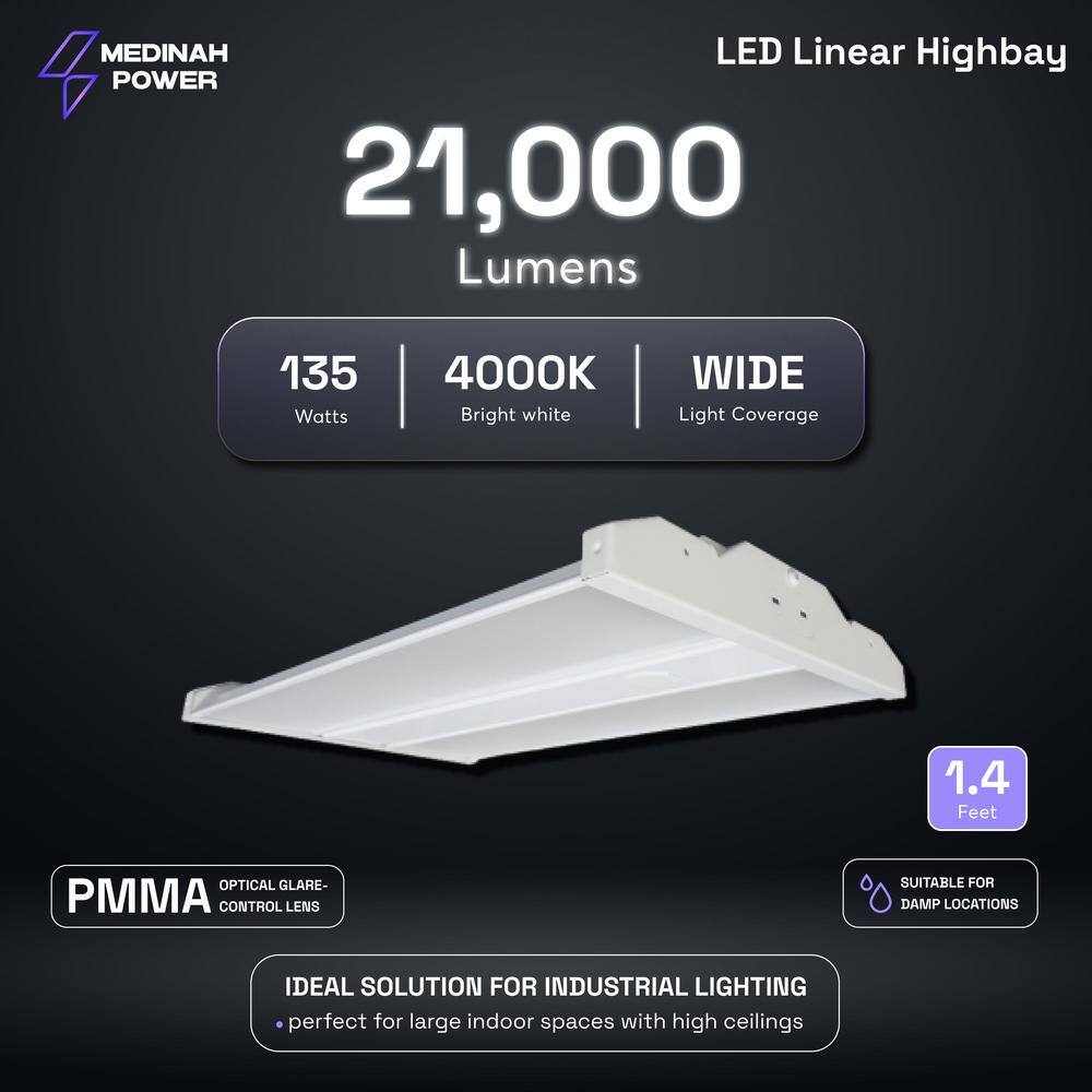 MEDINAH POWER 1.4 ft. 600-Watt Equivalent Integrated LED Dimmable White Linear High Bay Light, 21000 Lumens, 4000K