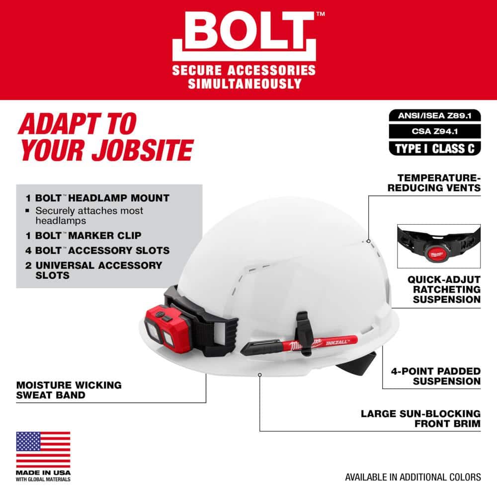 Milwaukee BOLT White Type 1 Class C Front Brim Vented Hard Hat with 4-Point Ratcheting Suspension and 600-Lumen Rechargeable Headlamp