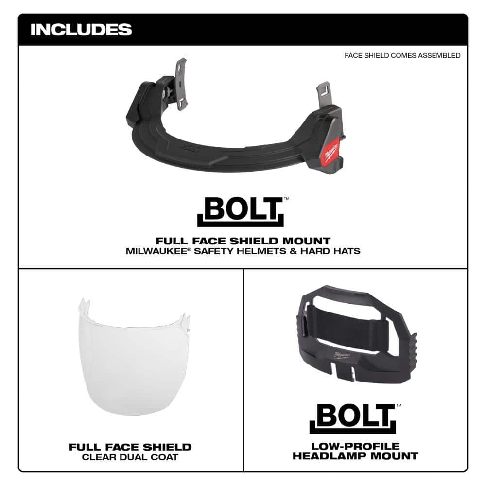 Milwaukee BOLT White Type 1 Class C Front Brim Vented Hard Hat, 4-Point Ratcheting Suspension, with Smoke Full Face Shield