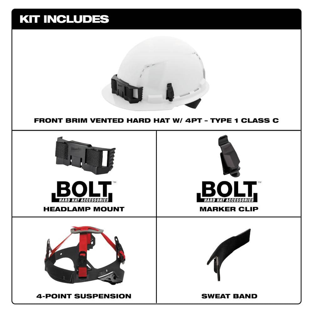 Milwaukee BOLT White Type 1 Class C Front Brim Vented Hard Hat, 4-Point Ratcheting Suspension, with Smoke Full Face Shield