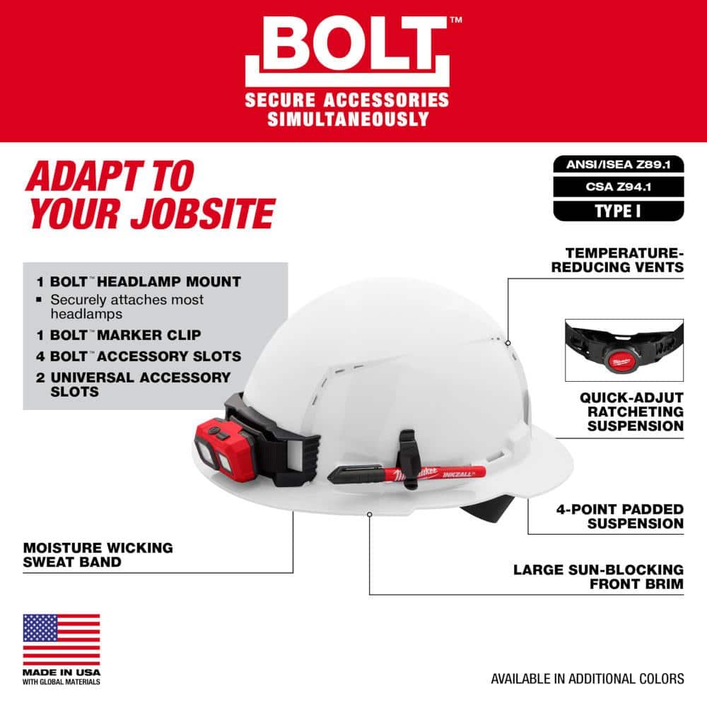 Milwaukee BOLT White Type 1 Class C Front Brim Vented Hard Hat with 4-Point Ratcheting Suspension and Dual-Coat Full Face Shield
