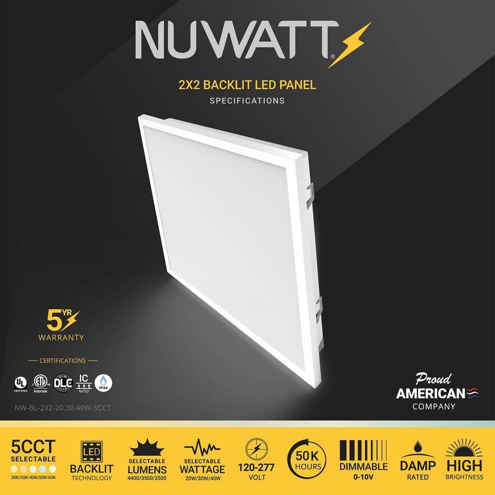 NuWatt 2 ft. x 2 ft. Drop Ceiling Backlit Integrated LED Panel 5CCT 30K-65K Color & Lumens Selectable Dimmable 120-277V (4-PK)