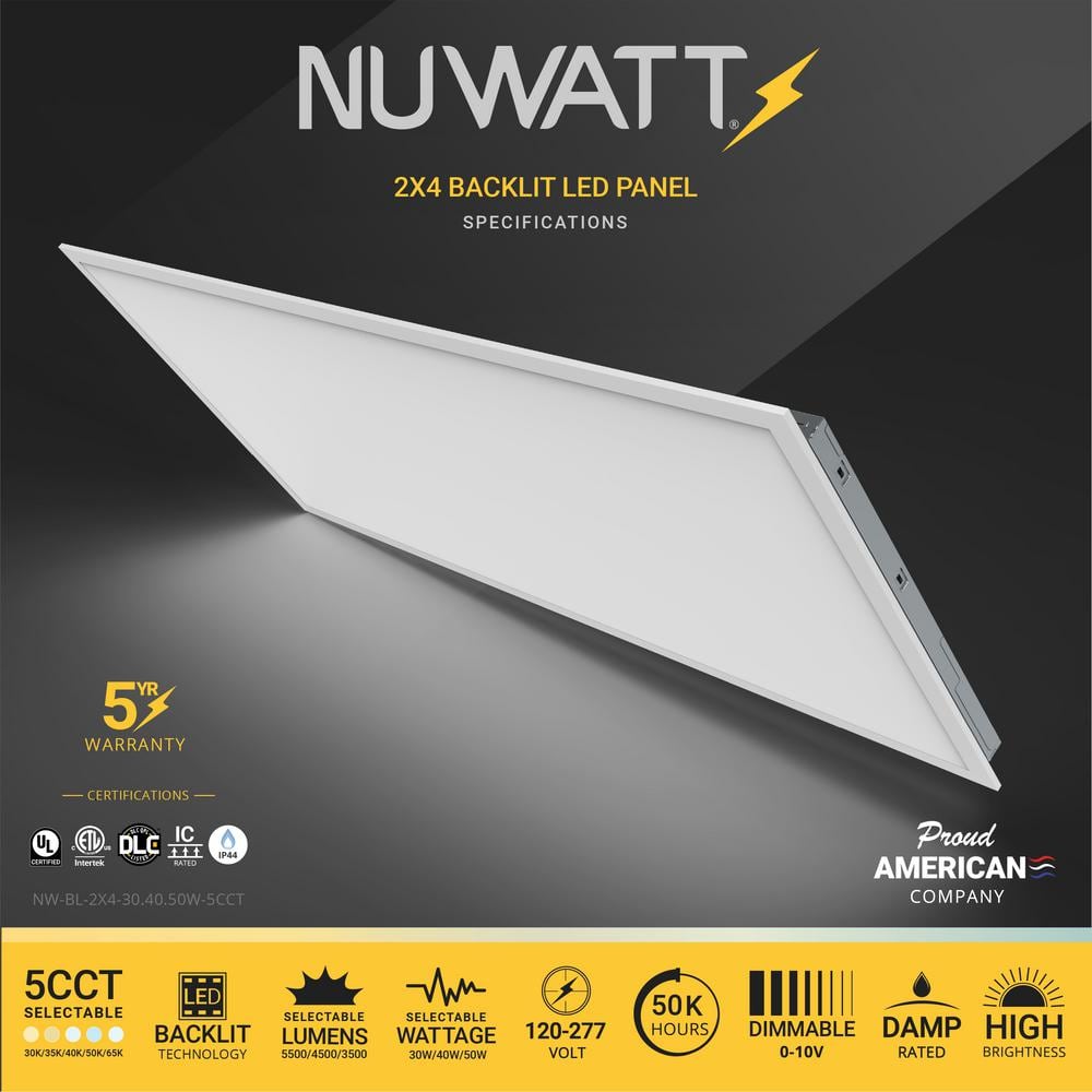 NuWatt 2 ft. x 4 ft. Drop Ceiling Backlit Integrated LED Panel 5CCT 30K-65K Color & Lumens Selectable Dimmable 120-277V (4-PK)