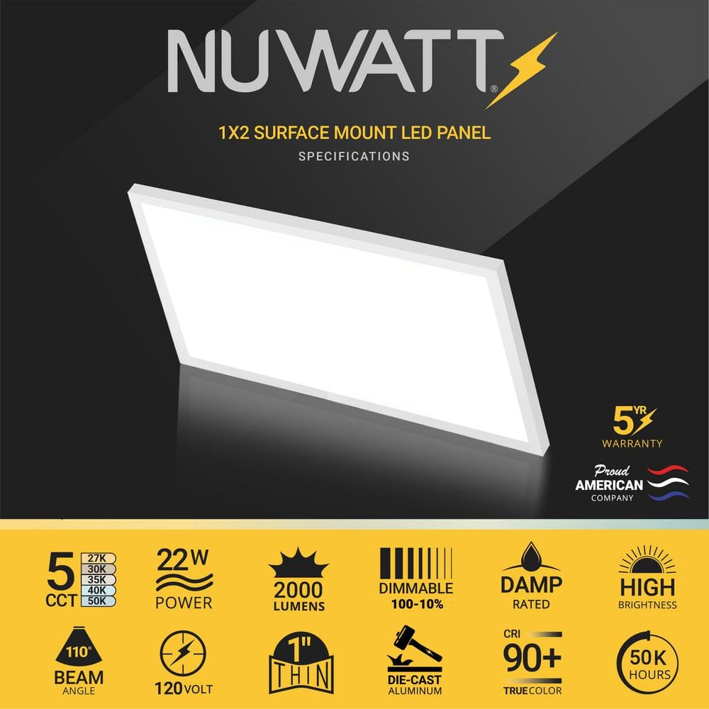 NuWatt 1 ft. x 2 ft. 2000 Lumens Integrated LED Edge-Lit Flat Panel Surface Mount Light with 3CCT Switch 40-Watt Dimmable White
