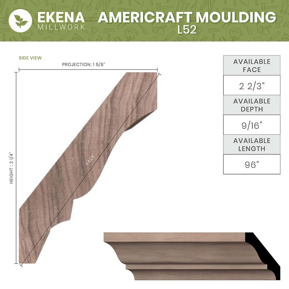 Ekena Millwork WM52 0.56 in. D x 2.75 in. W x 96 in. L Wood (White Oak) Crown Moulding