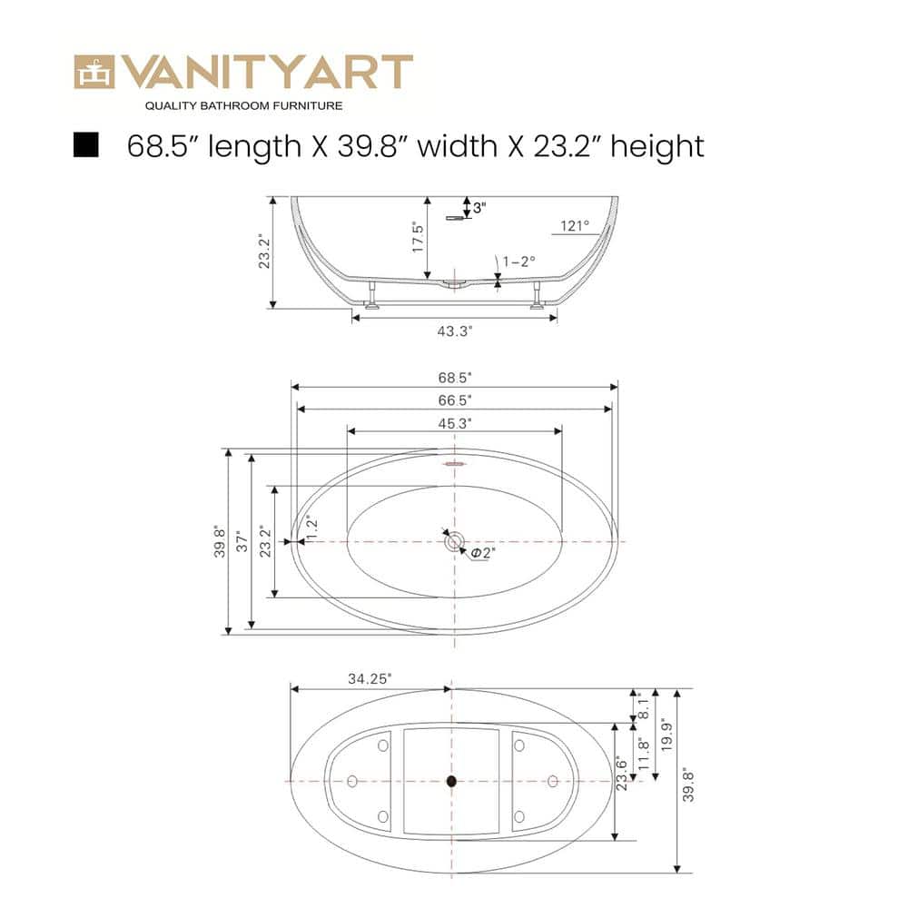 Vanity Art Amiens 69 in. x 40 in. Acrylic Flatbottom Freestanding Soaking Bathtub with Center Drain in White/Oil Rubbed Bronze