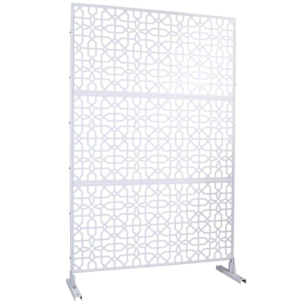 76 in. H x 48 in. W Metal Freestanding White Decorative Panel with Hollow Line Design for Balconies, Patios, and Gardens
