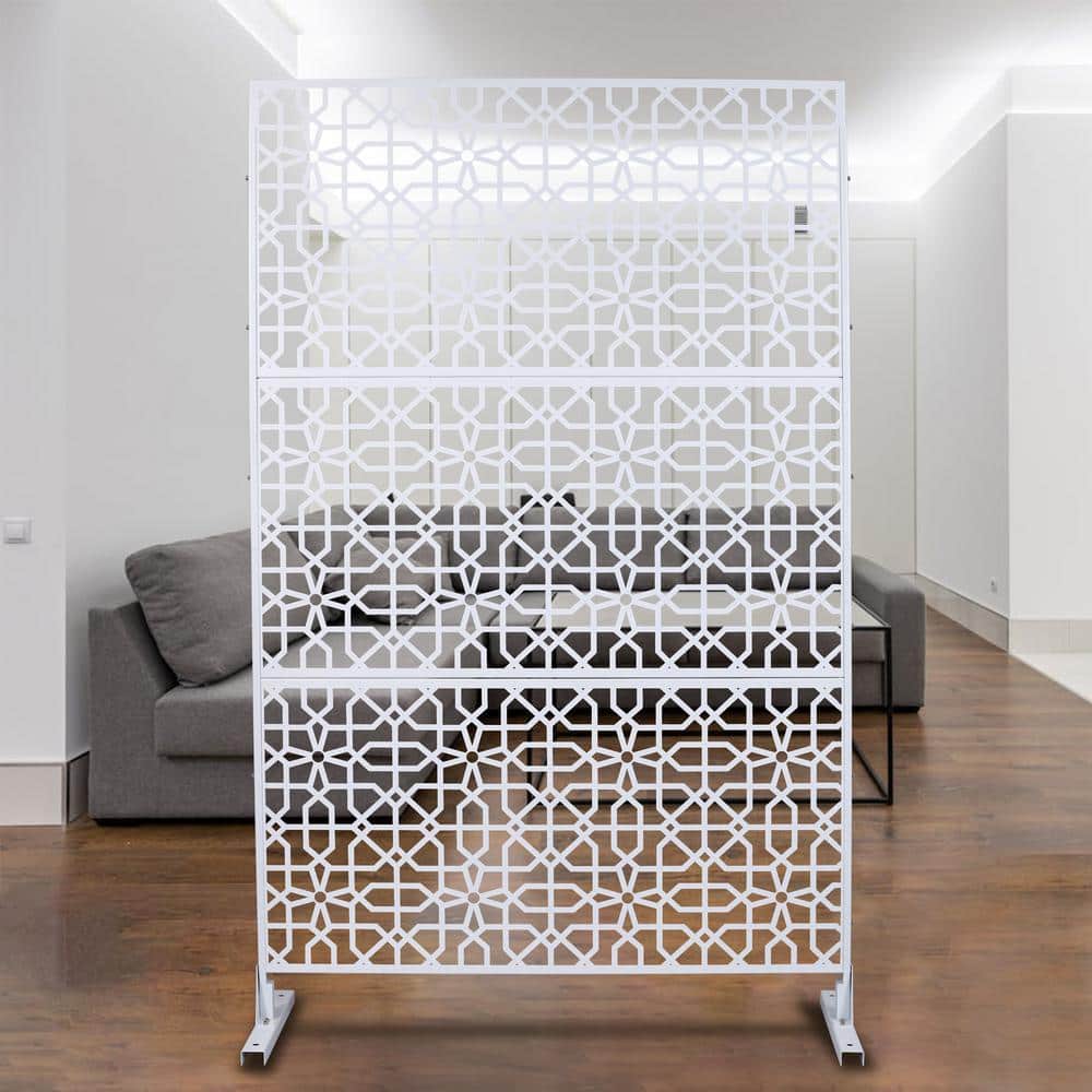 76 in. H x 48 in. W Metal Freestanding White Decorative Panel with Hollow Line Design for Balconies, Patios, and Gardens