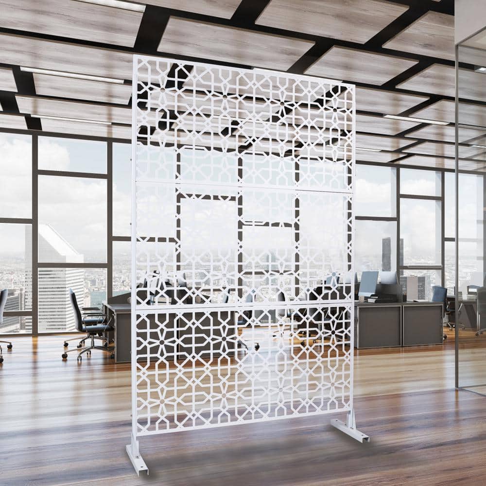 76 in. H x 48 in. W Metal Freestanding White Decorative Panel with Hollow Line Design for Balconies, Patios, and Gardens