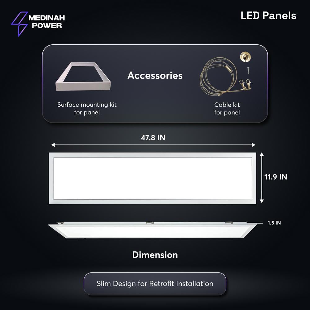MEDINAH POWER 1x4 LED Back-Lit Panel, Adjustable Watt and CCT with 12V Aux and Usmart Cover (4-Pack)