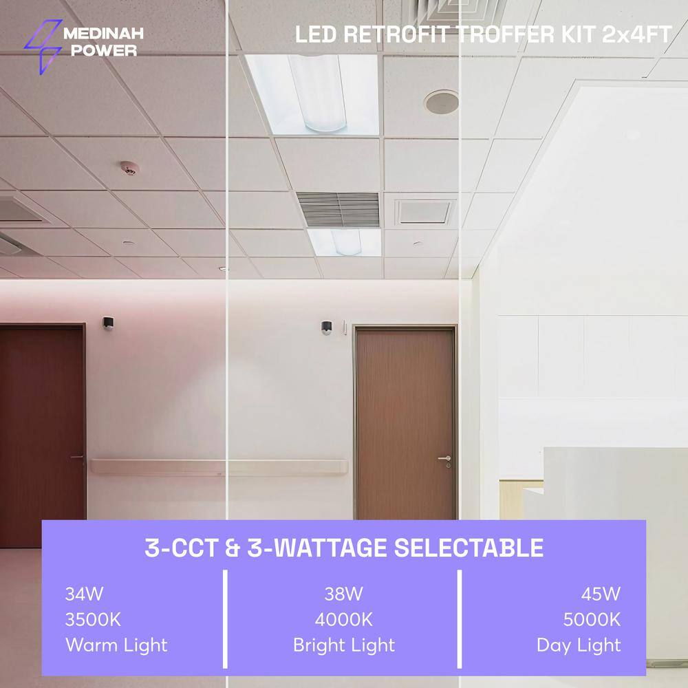 MEDINAH POWER 2 ft. x 4 ft. Integrated LED Watt/CCT Selectable White Troffer Retrofit Kit, 4250-5625 Lumens, 3500/4000/5000K (2-Pack)