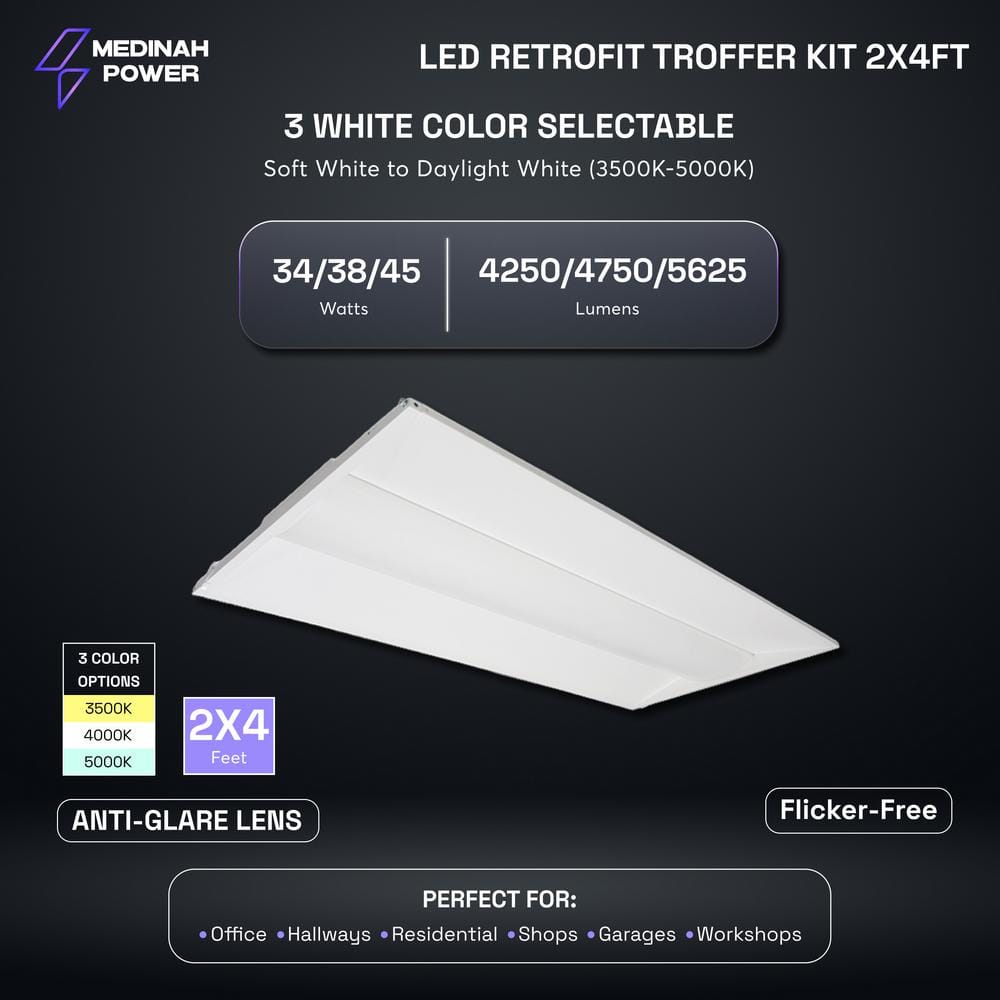 MEDINAH POWER 2 ft. x 4 ft. Integrated LED Watt/CCT Selectable White Troffer Retrofit Kit, 4250-5625 Lumens, 3500/4000/5000K (2-Pack)