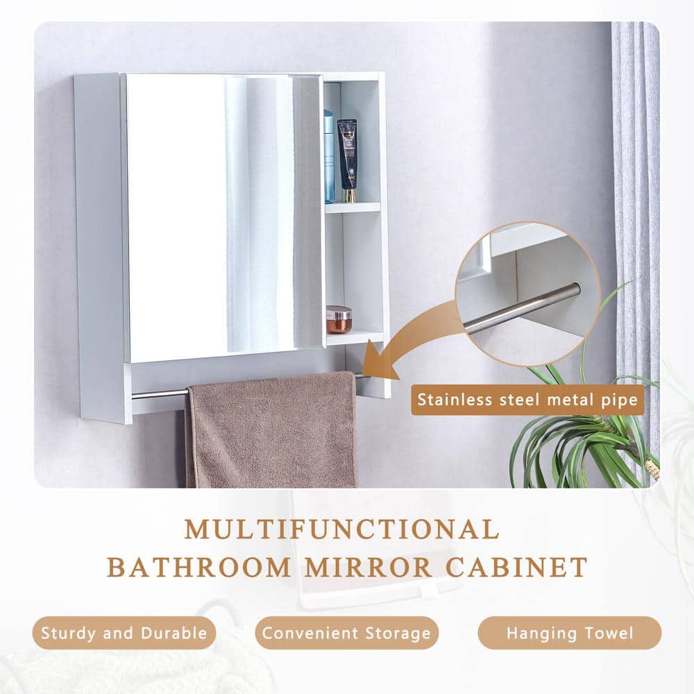 Polibi 21.6 in. W x 22 in. H White Rectangular Wall Mounted Medicine Cabinet with Mirror, Shelves and Towel Rack